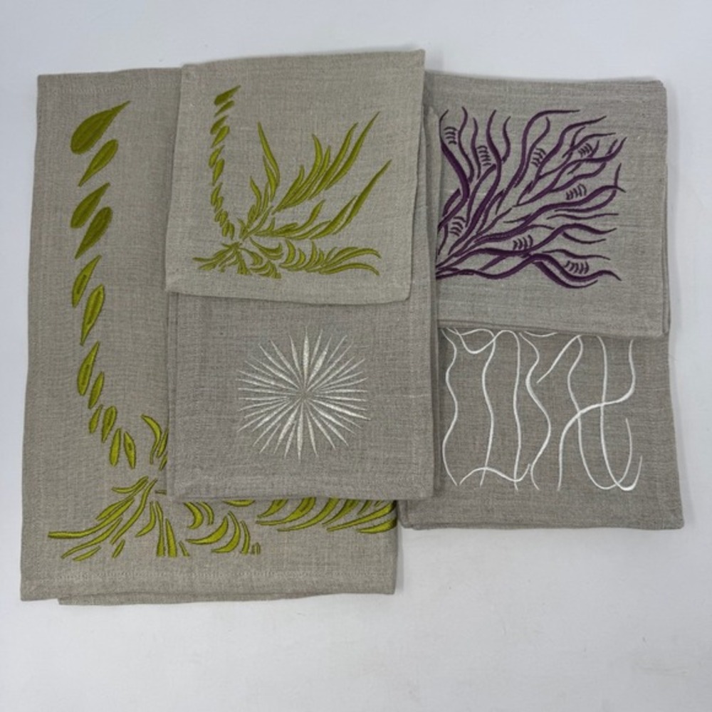 Viabrava 100% Linen Embroidered Table Linens 23 Pieces Abstract Tropical Coastal